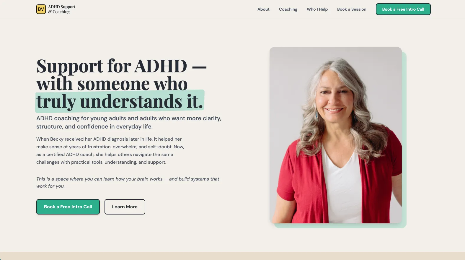ADHD Becky coaching website — homepage