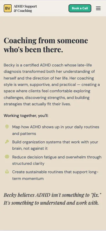 ADHD Becky coaching website — mobile view