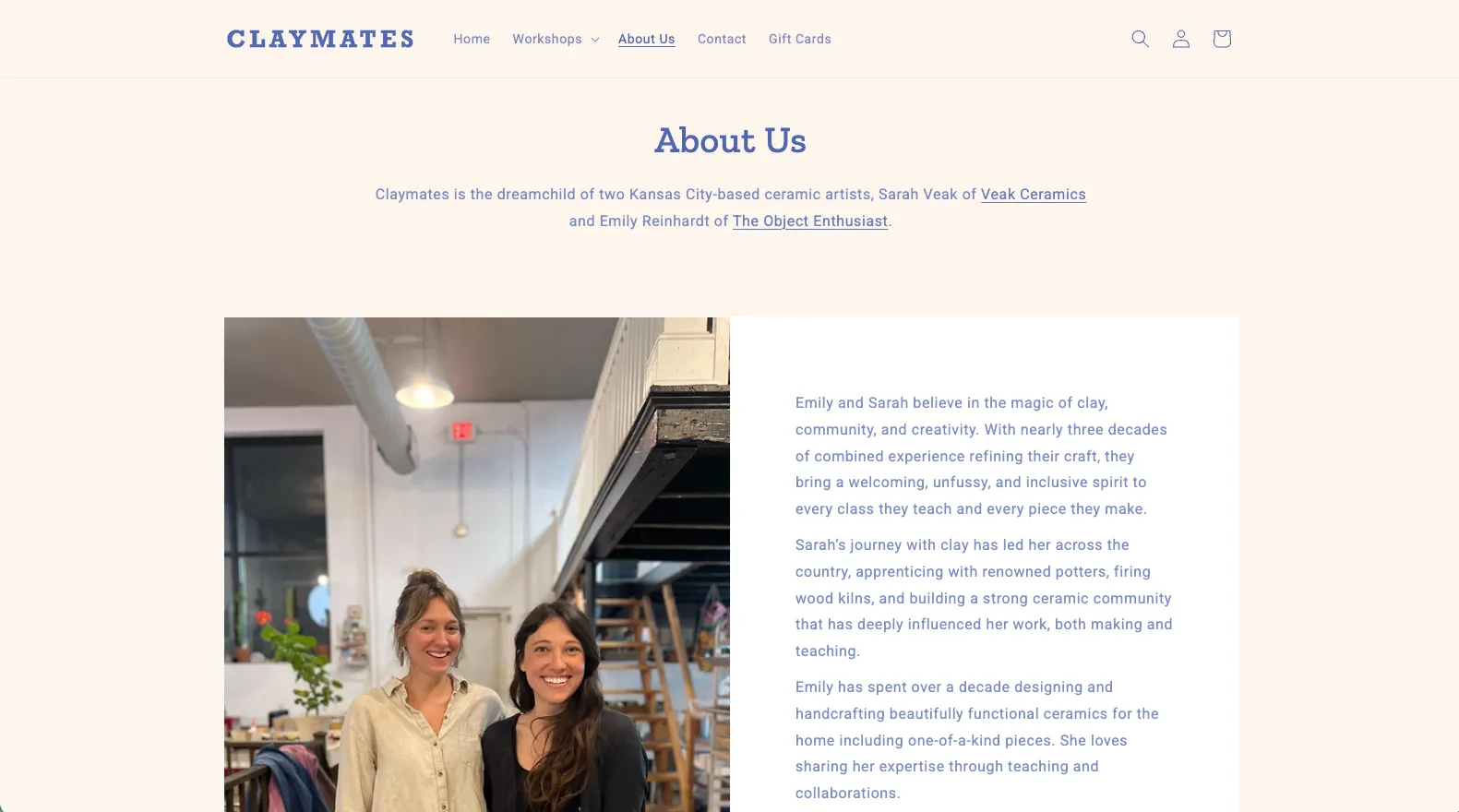 Claymates ceramic workshop website — feature detail