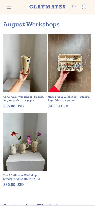 Claymates ceramic workshop website — mobile view