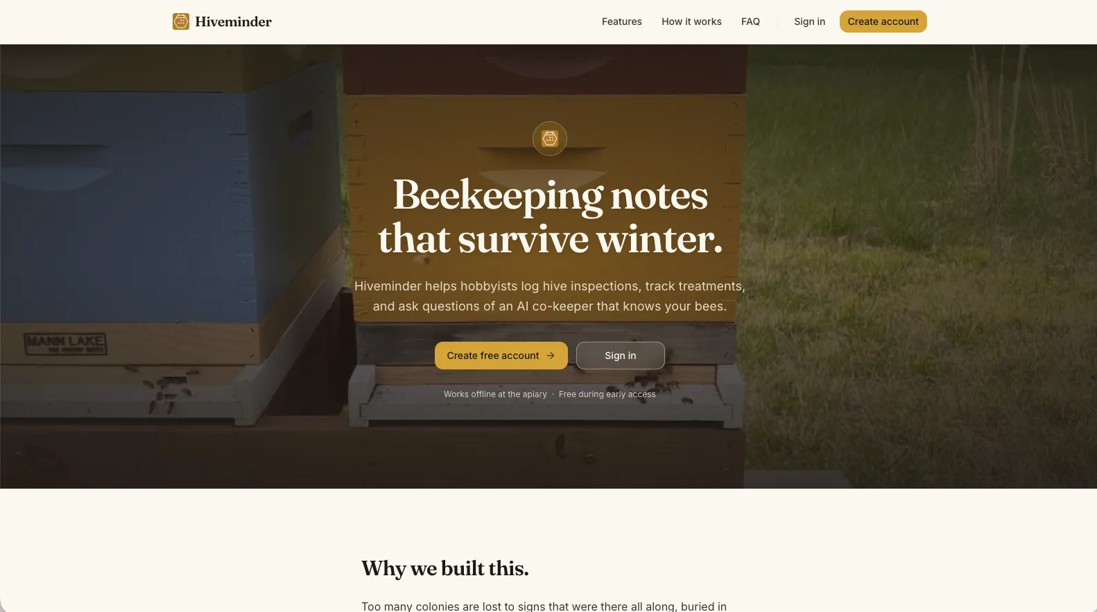 Hiveminder beekeeping app — homepage
