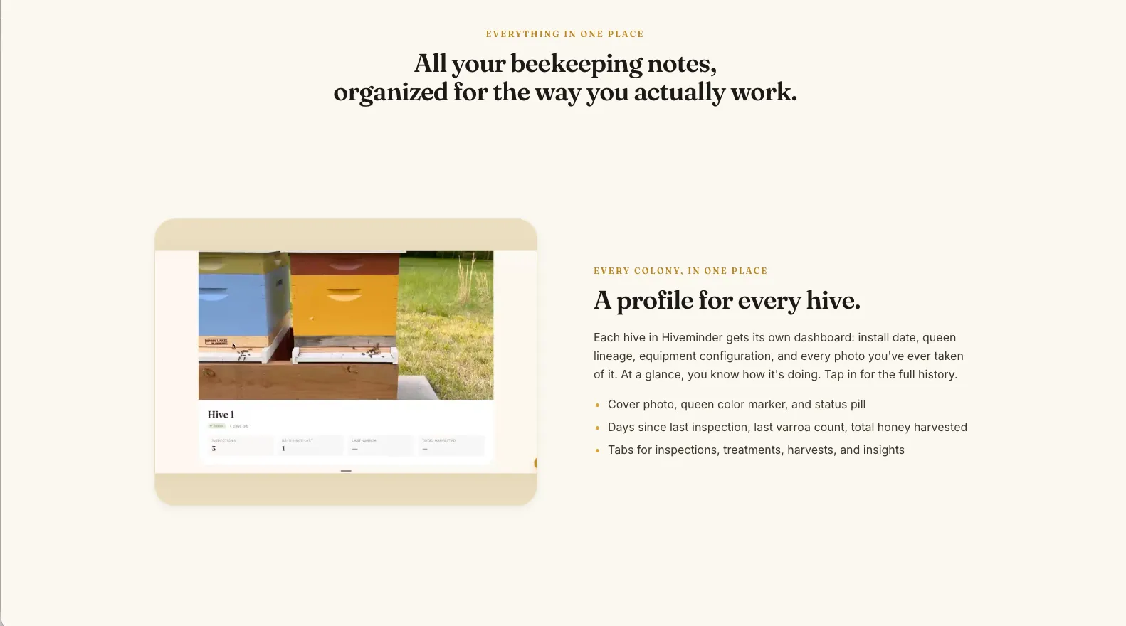 Hiveminder beekeeping app — feature detail