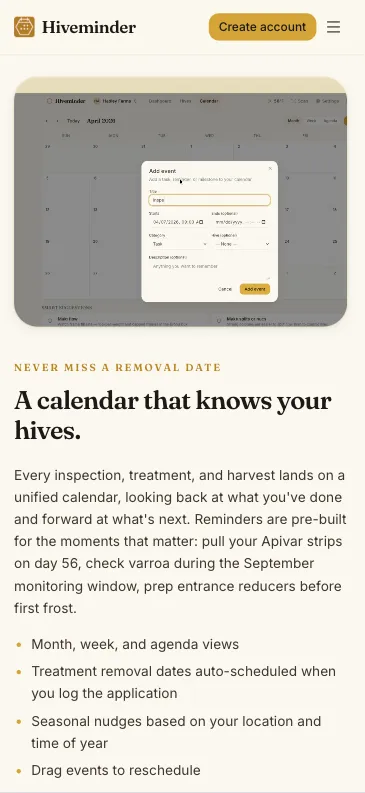 Hiveminder beekeeping app — mobile view
