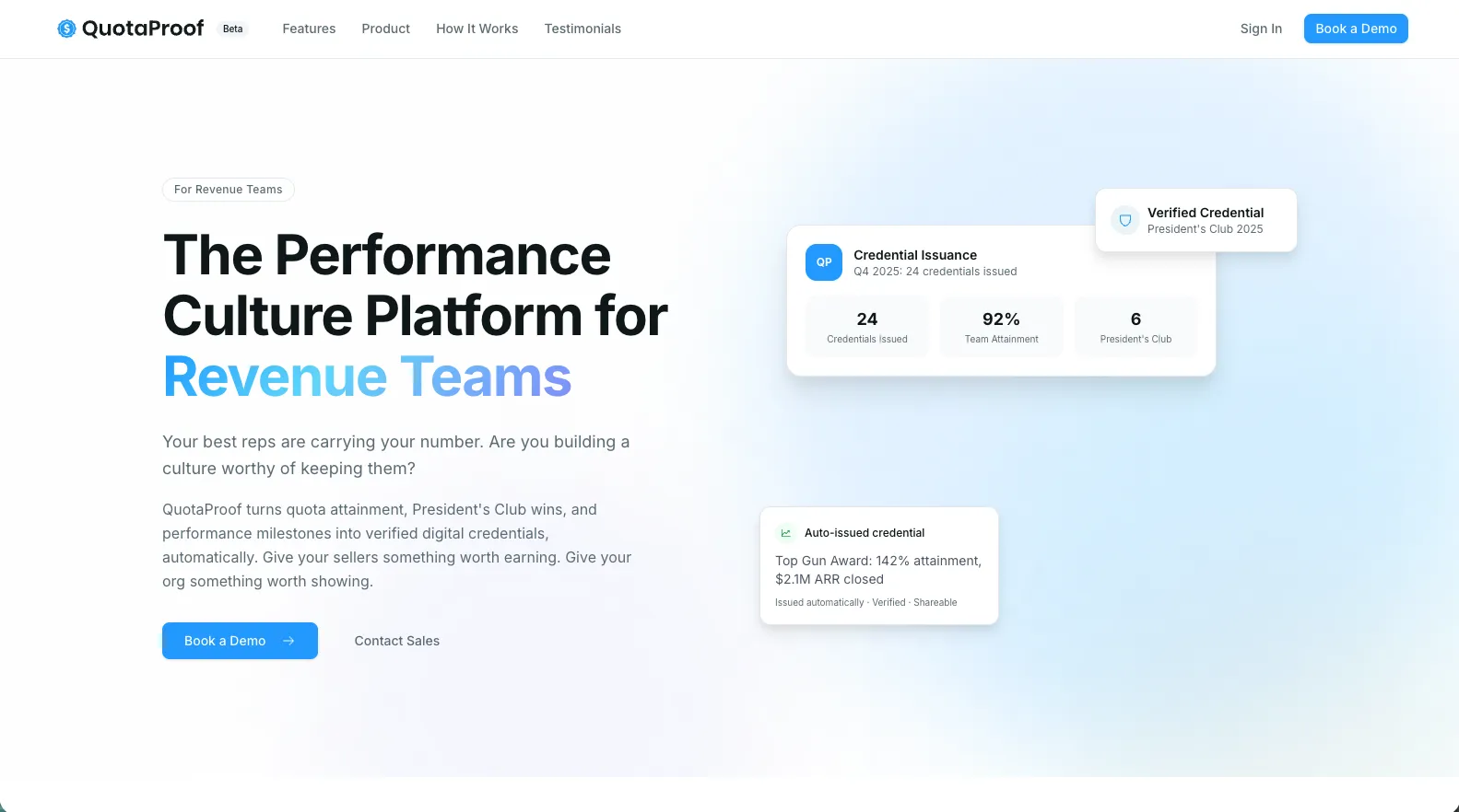 QuotaProof sales credential platform — homepage