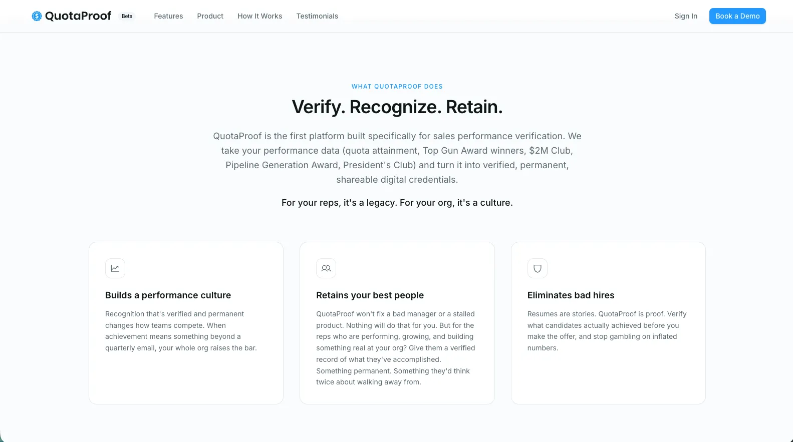 QuotaProof sales credential platform — feature detail