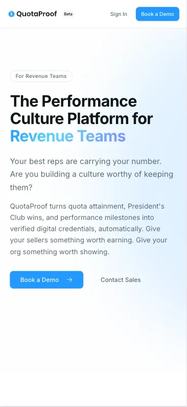 QuotaProof sales credential platform — mobile view